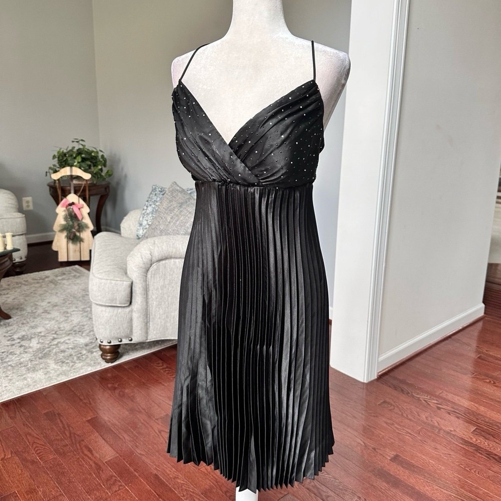 Vintage 2000s Y2K ONYX Nites Black Rhinestoned Pleaded Cocktail Dress Size 14